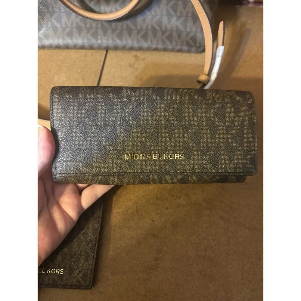 Michael Kors Jet Set Travel Satchel Crossbody Wallet Brown MK Logo Matching Set